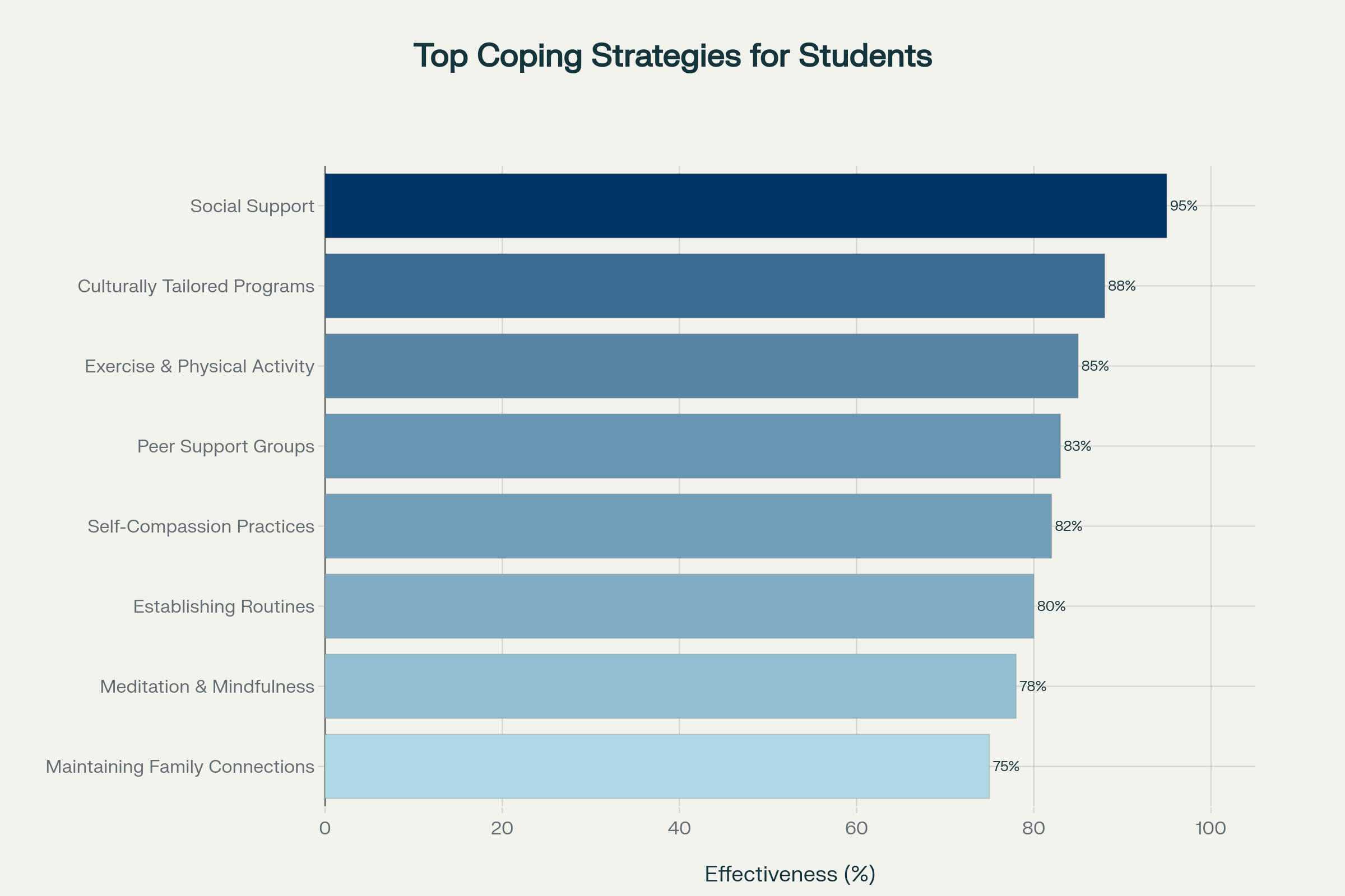 Top Coping Strategies for Students: Social Support 95%, Exercise 85%, Peer Support 83%, Self-Compassion 82%, Routines 80%, Meditation 78%, Family Connections 75%
